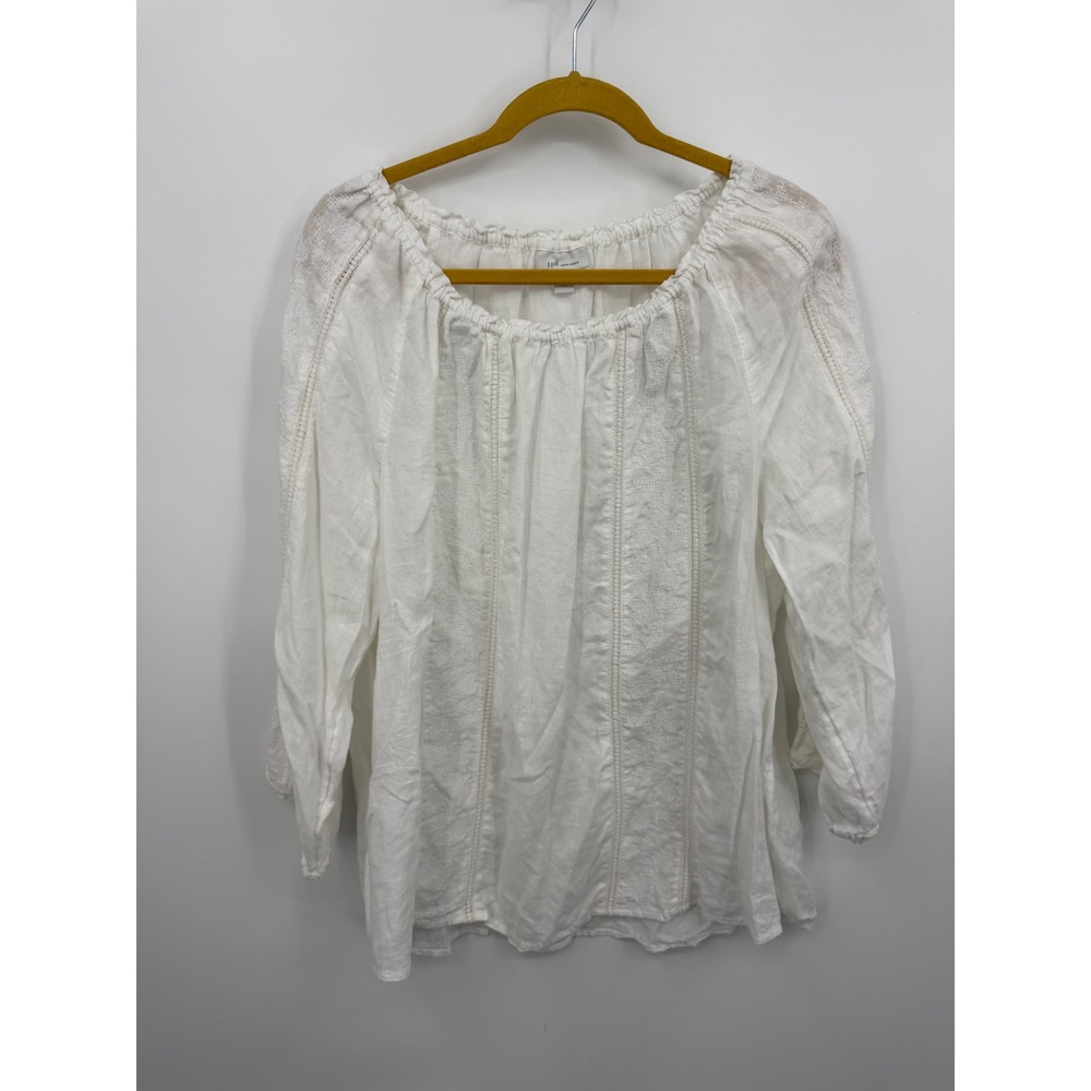 J. Jill Love Linen Peasant Blouse Womens XL White Embroidered Lace Trim Top